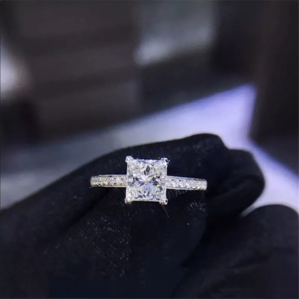 925 Sterling Silver Princess Square Simulator Diamond Ring Wedding Engagement - Picture 4 of 5